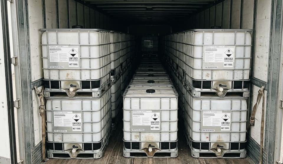 IBC totes loaded and secured inside a transport truck